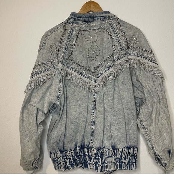 Y2K McBling Cowgirl Rhinestone Fringe 80s Western Studded Denim Jacket sz M L - Picture 2 of 9